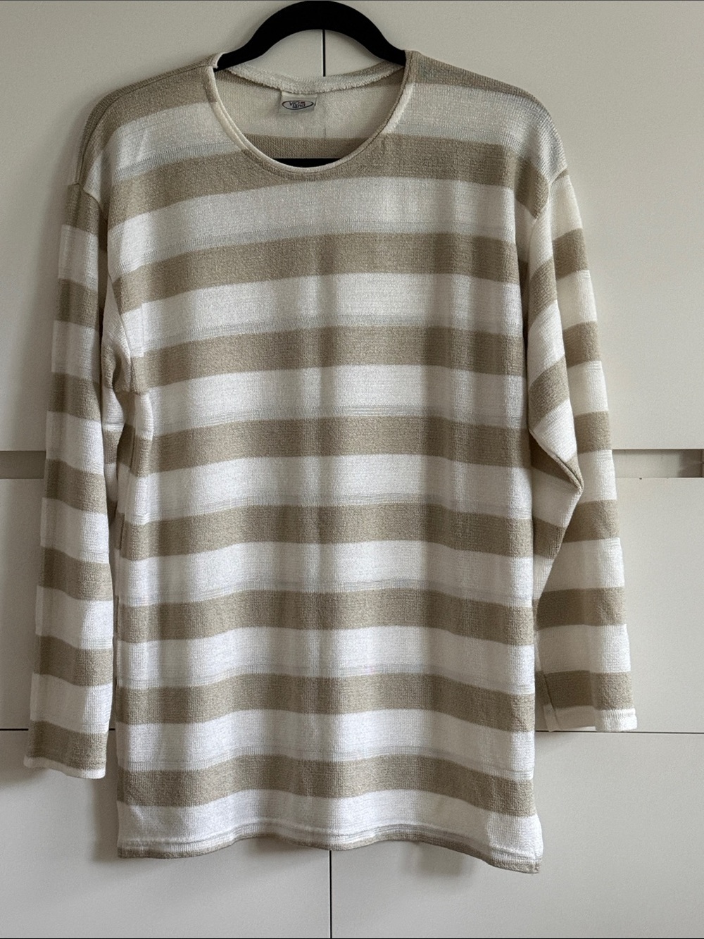 Striped Long-Sleeve Crewneck Top - Beige & White